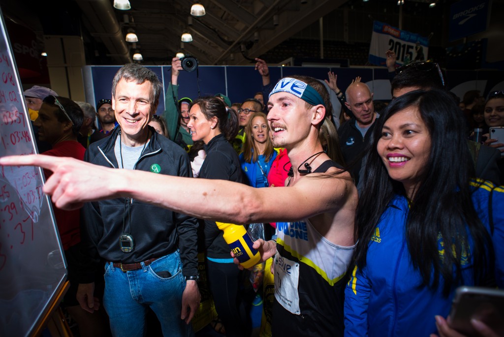 Jon and I examine the splits after the race.  (Photo by Ian MacLellan)