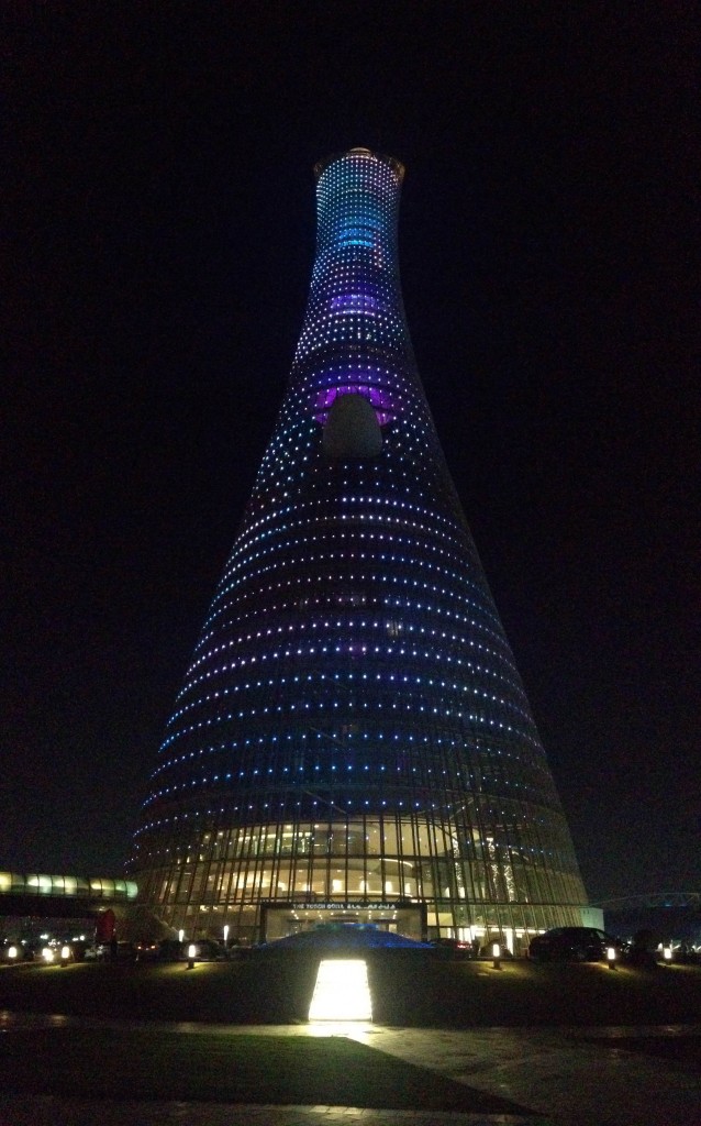 Arriving at the Torch Hotel at night. All lit up!